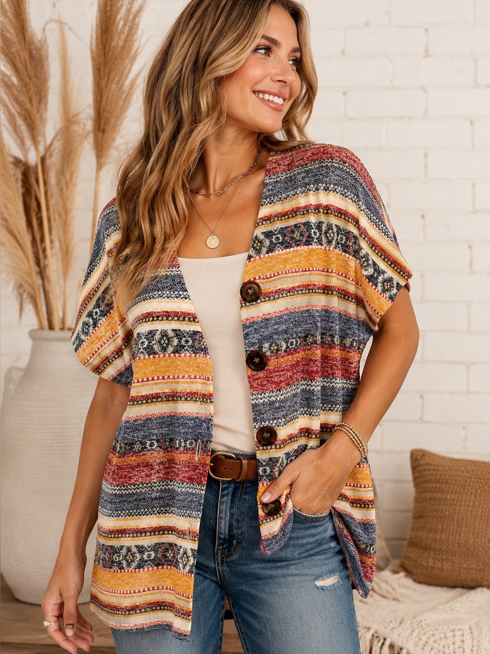 Absolutely Famous Southwestern Button Front Knit Top Cardigan size L